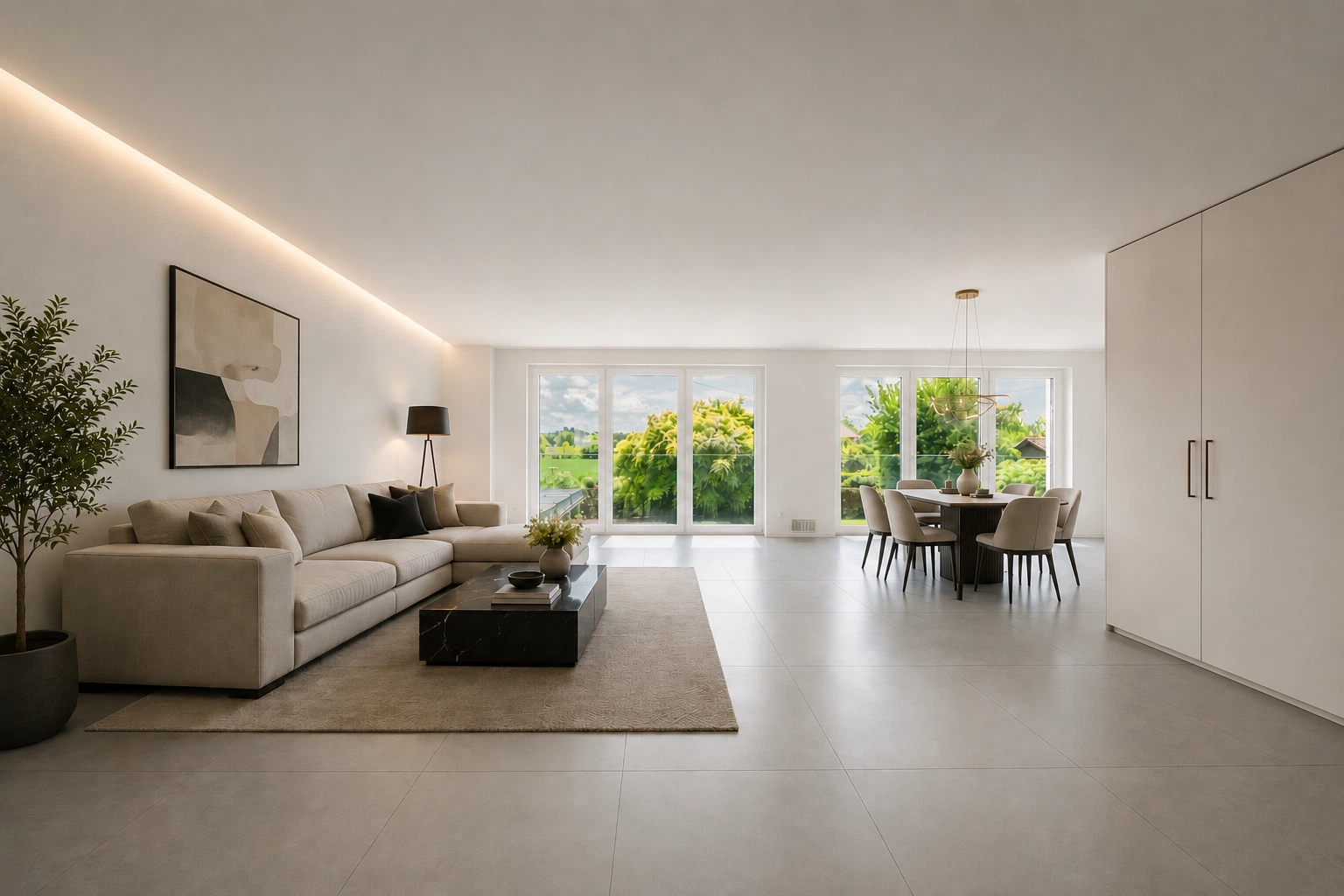 Wohnzimmer nach Virtual Staging — möbliert, modern und einladend