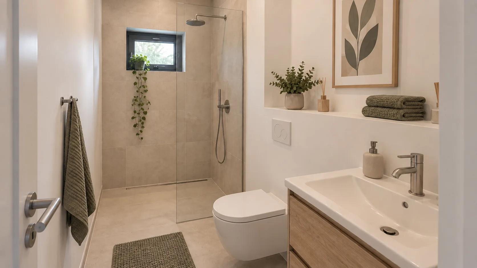 Visualisierung: Duschbad mit bodengleicher Dusche, Wand-WC und Waschtisch