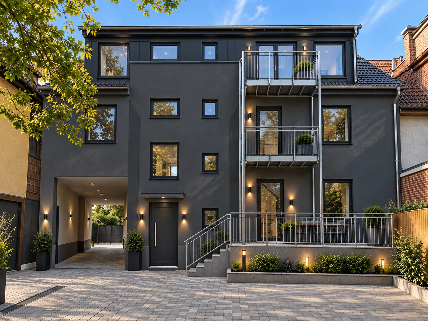 Visualisierung: Hofseite mit fertiger Fassade, Balkonen, Terrasse und gepflastertem Hof