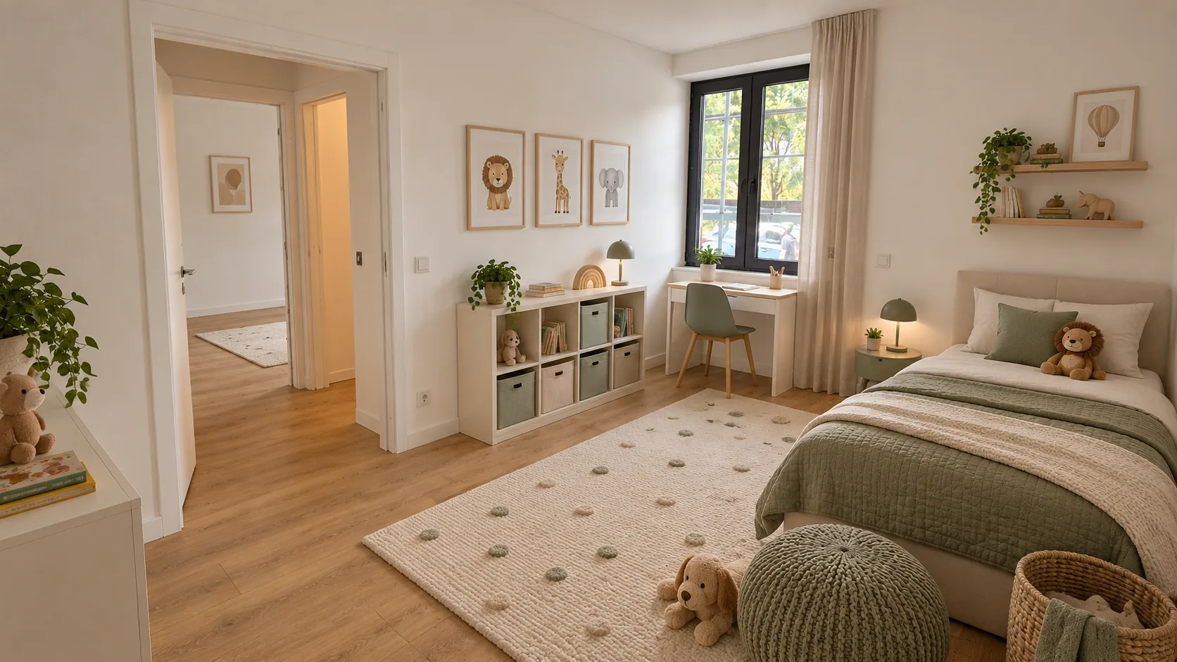 Visualisierung: Kinderzimmer mit Bett, Regal, Schreibtisch und Spielteppich
