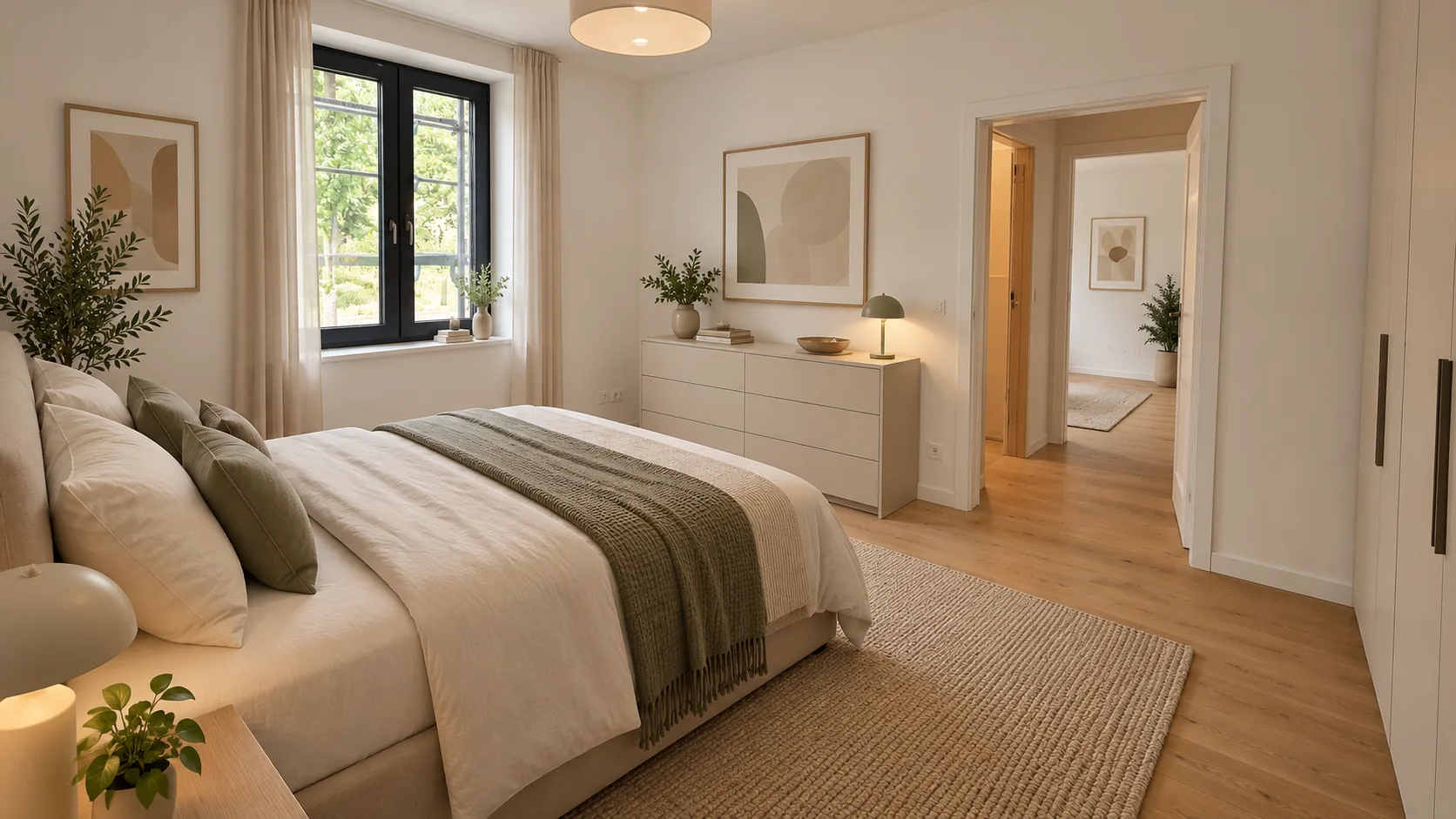 Visualisierung: Schlafzimmer im Erdgeschoss mit Doppelbett, Kommode und Blick in den Flur