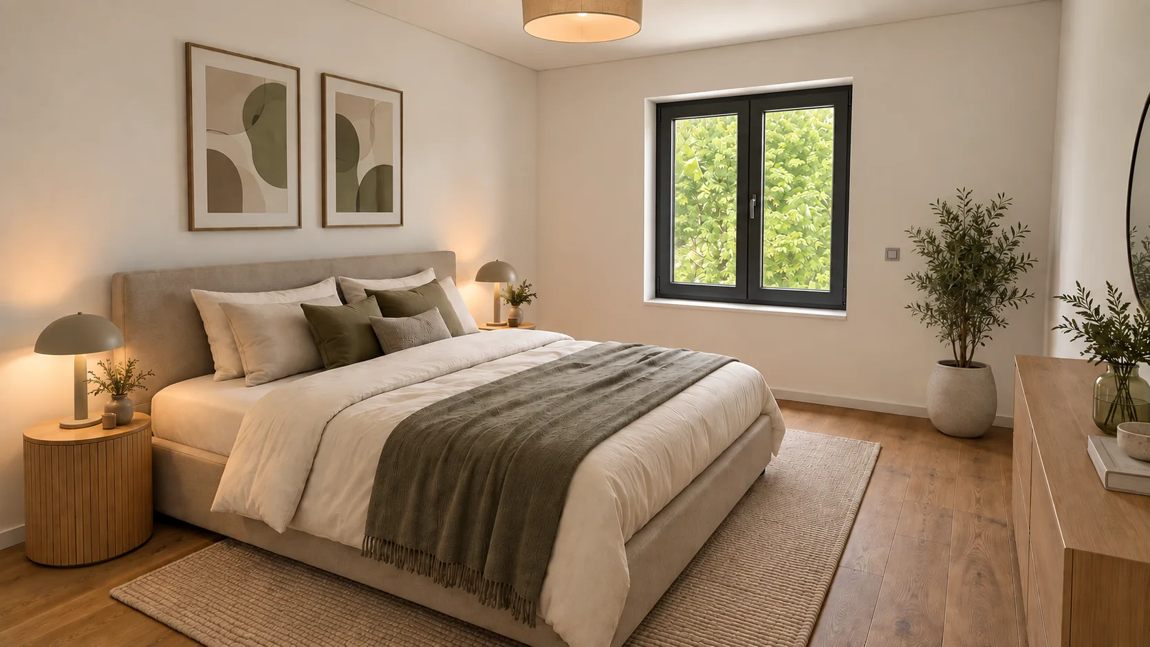 Visualisierung: Schlafzimmer im ersten Obergeschoss mit Doppelbett und Pflanzen