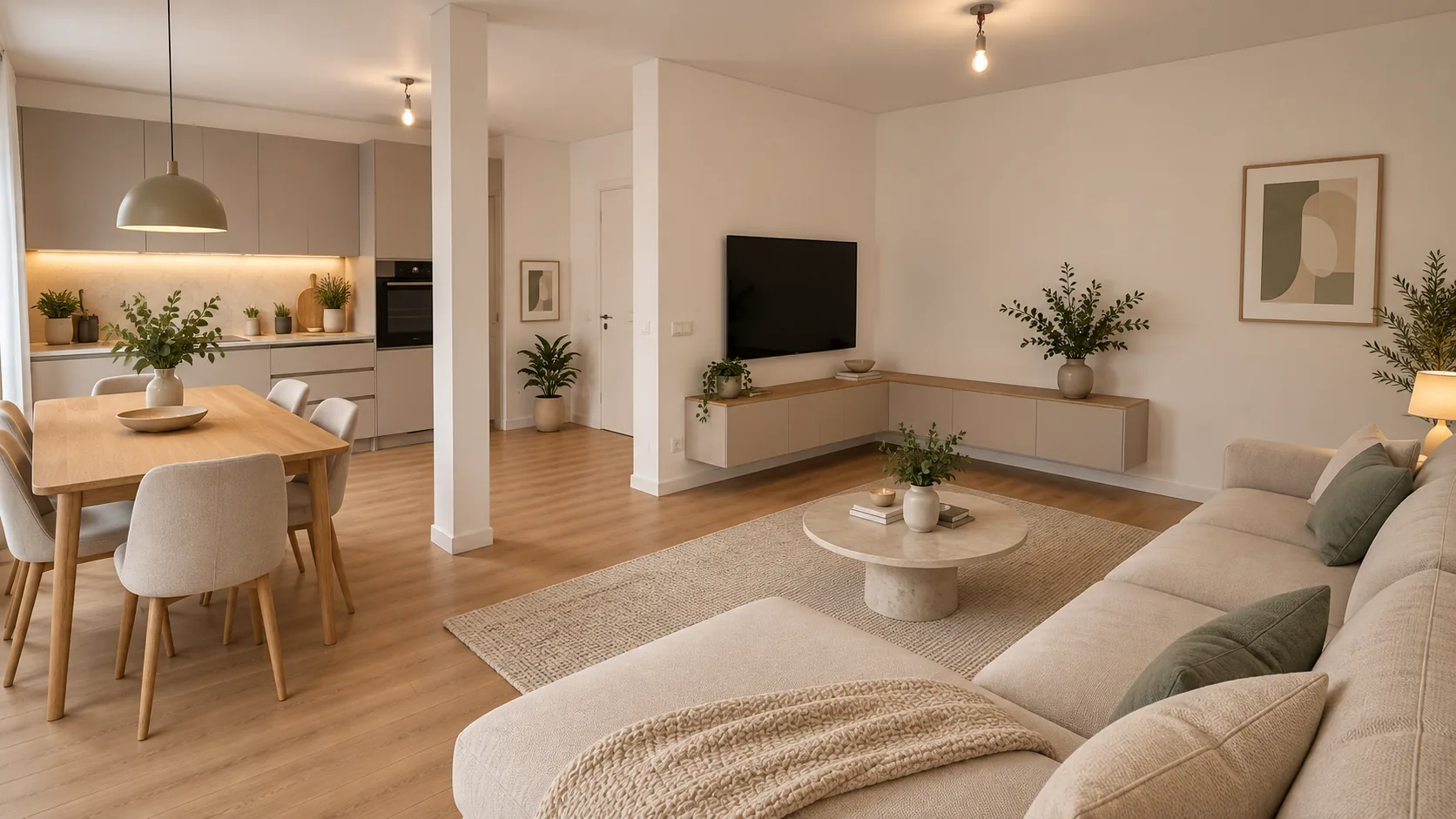 Visualisierung: derselbe Wohnbereich mit Sofa, Esstisch, Küchenzeile und Holzboden