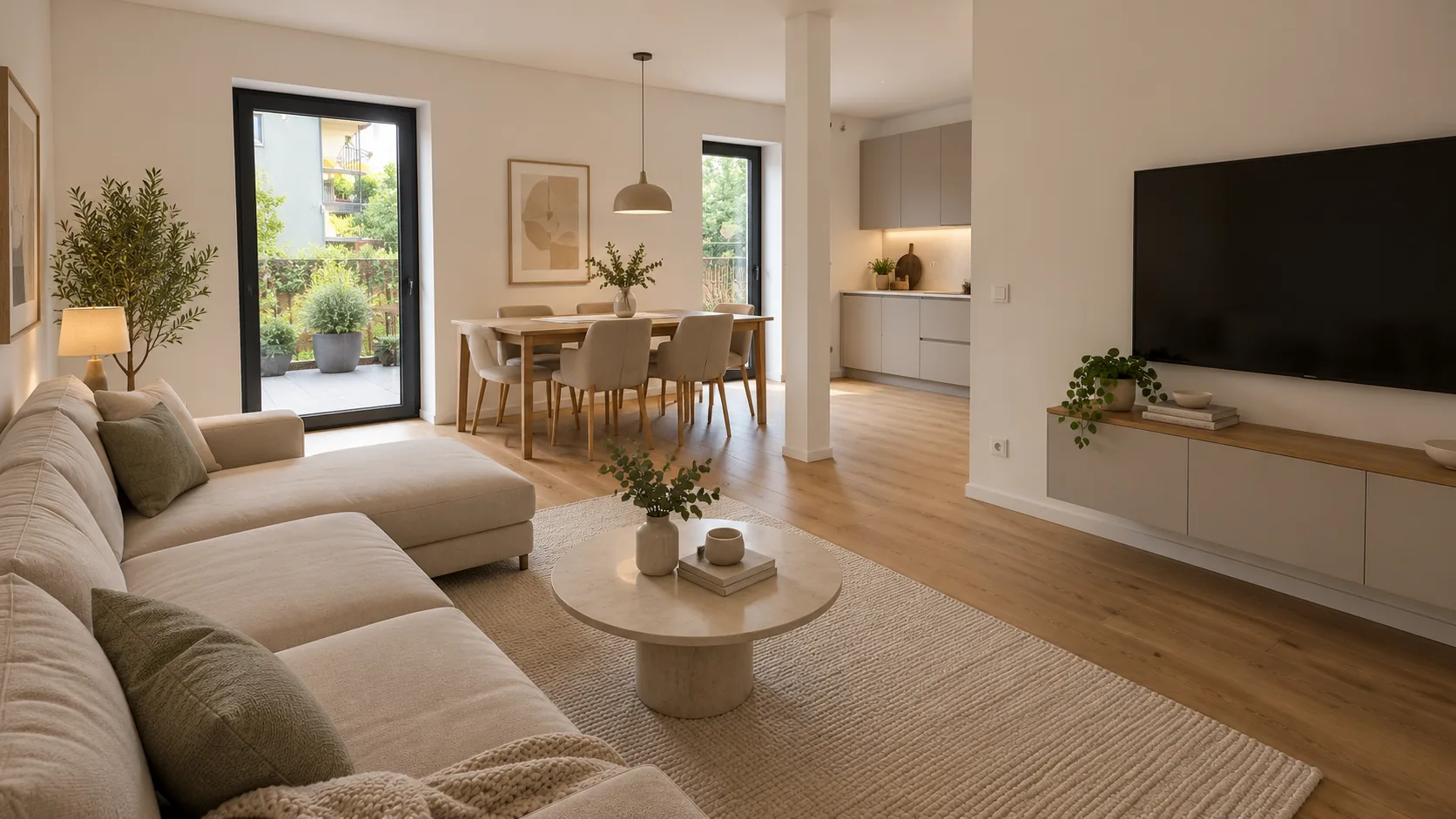 Visualisierung: digital möblierter Wohn- und Essbereich mit Sofa, Esstisch und Küchenzeile im Erdgeschoss eines Mehrfamilienhauses in Karlsruhe-Grötzingen